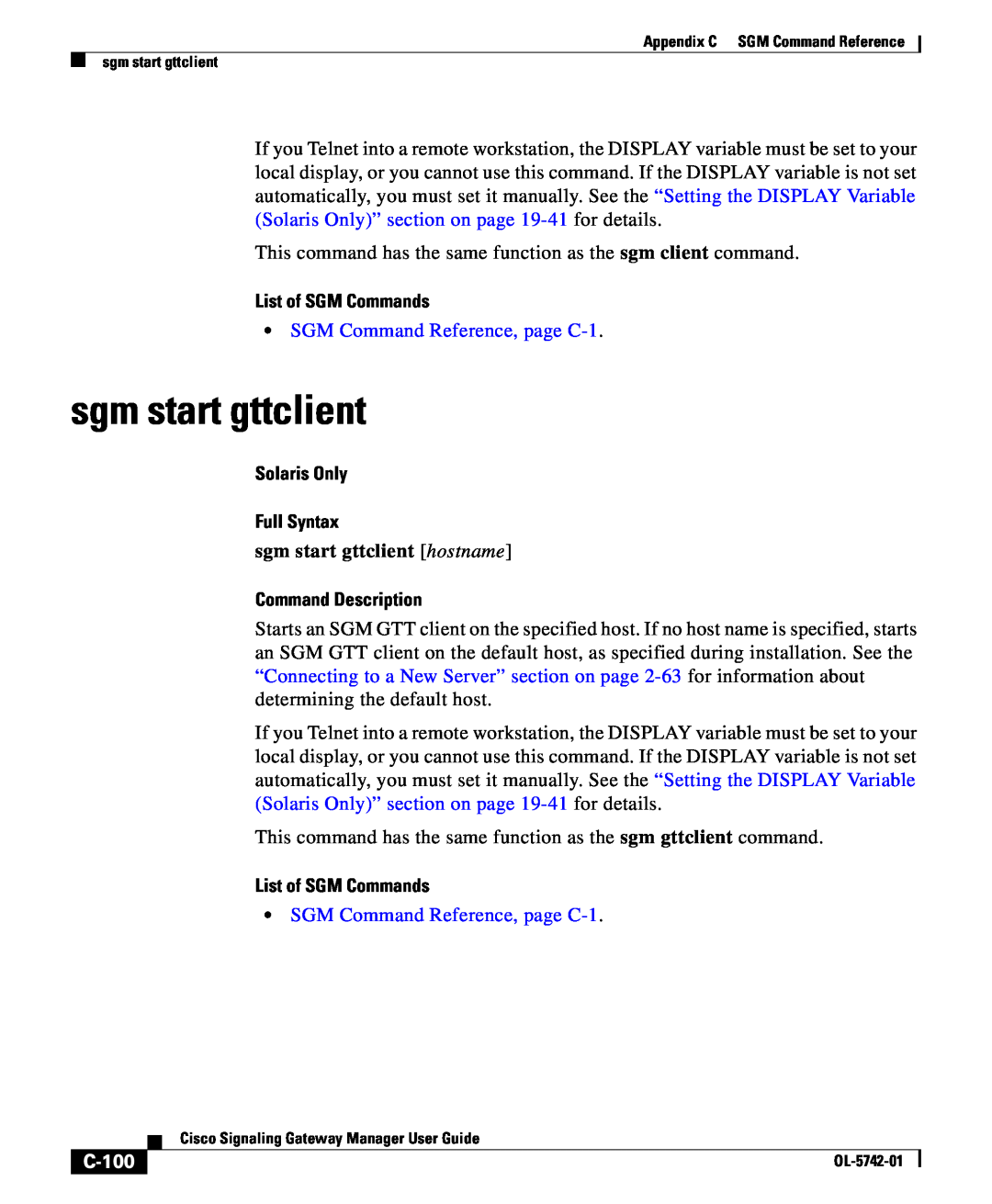 Cisco Systems OL-5742-01 appendix sgm start gttclient, C-100, List of SGM Commands, SGM Command Reference, page C-1 
