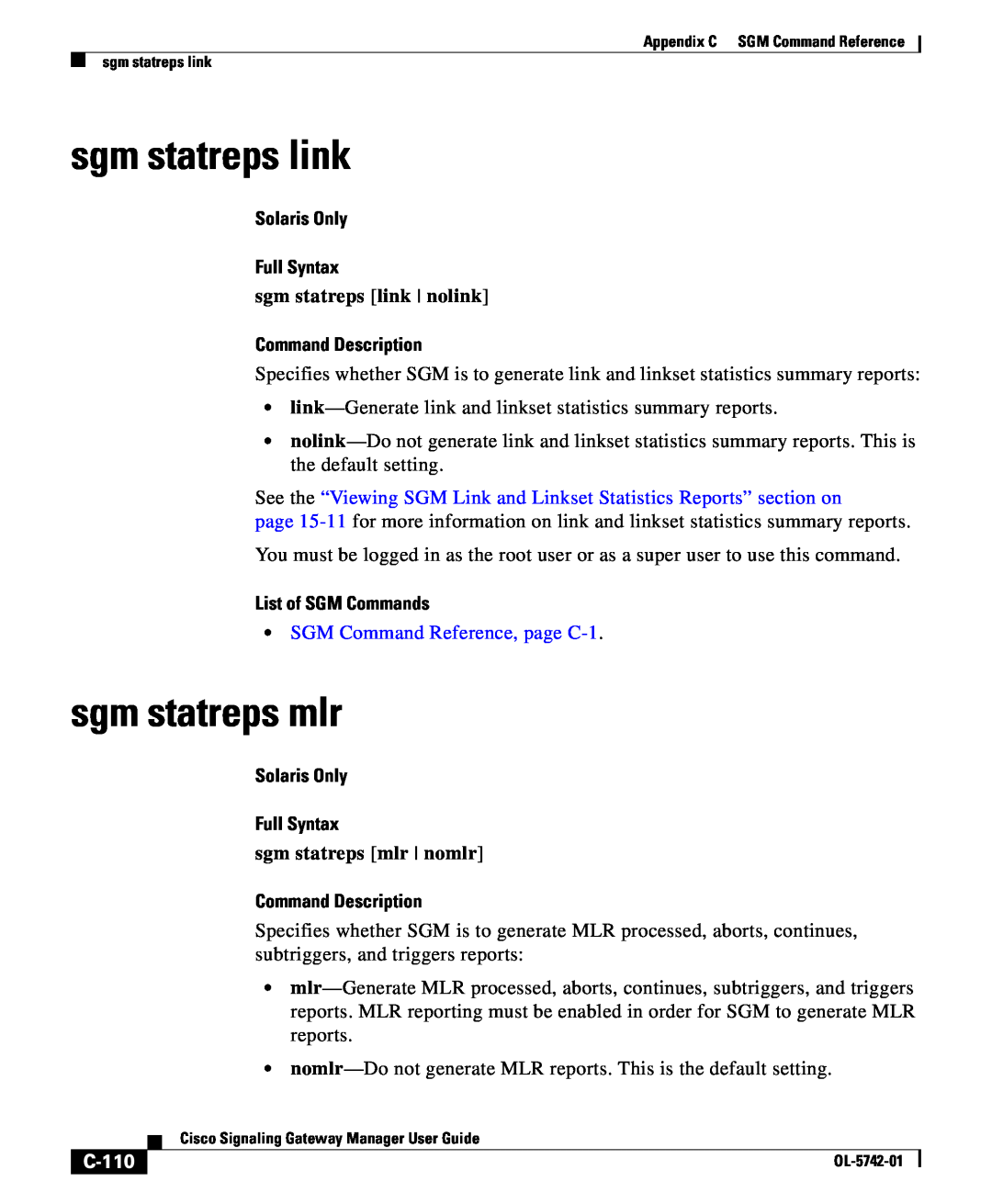 Cisco Systems OL-5742-01 appendix sgm statreps link, sgm statreps mlr, C-110, Solaris Only Full Syntax, Command Description 