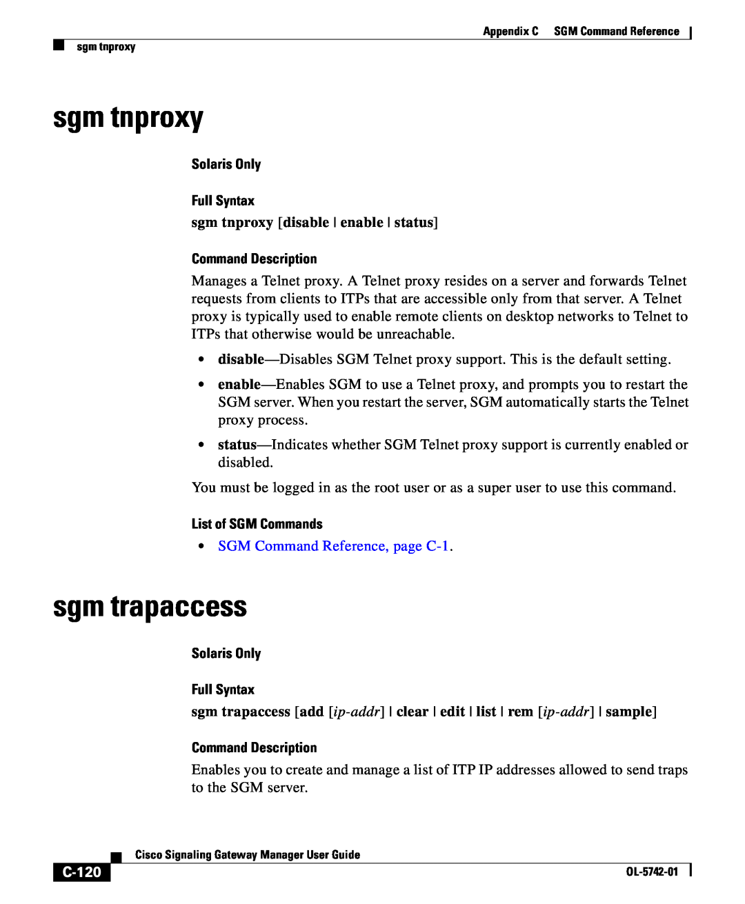 Cisco Systems OL-5742-01 appendix sgm tnproxy, sgm trapaccess, C-120, Solaris Only Full Syntax, Command Description 