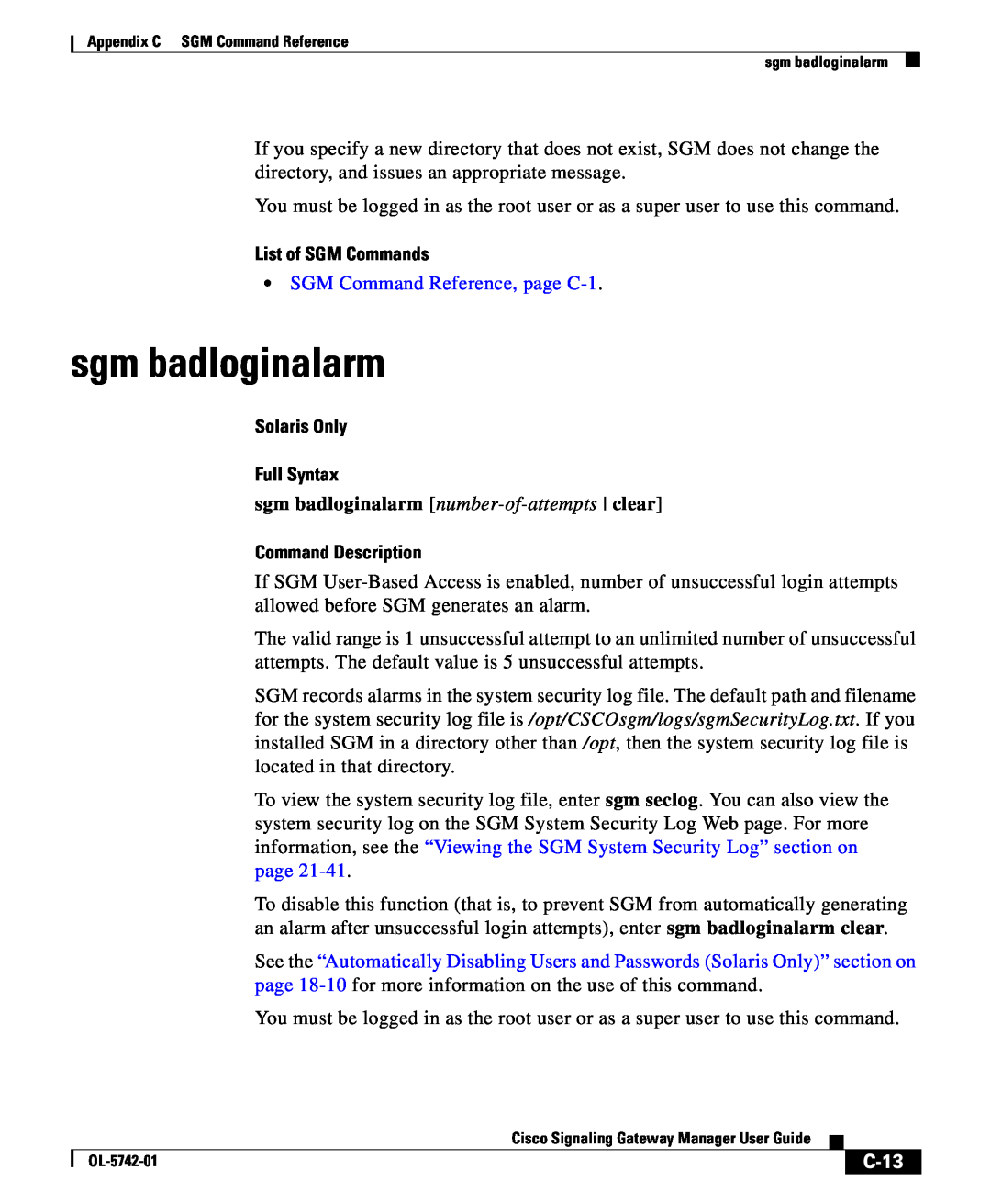 Cisco Systems OL-5742-01 appendix sgm badloginalarm, C-13, List of SGM Commands, SGM Command Reference, page C-1 