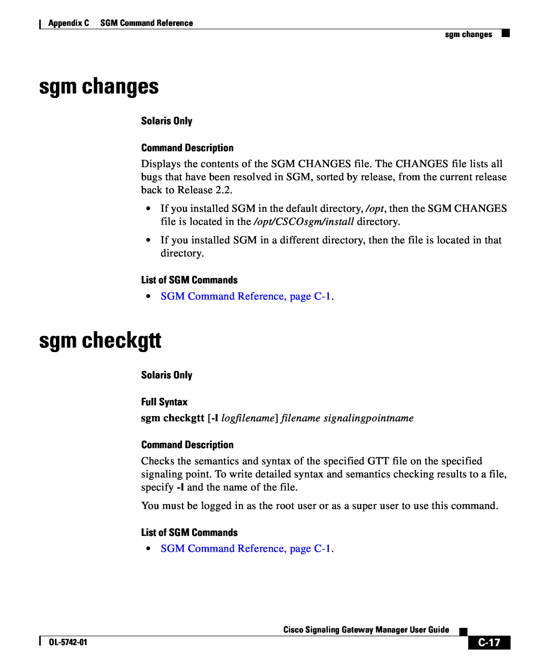 Cisco Systems OL-5742-01 appendix sgm changes, sgm checkgtt, C-17, Solaris Only Command Description, List of SGM Commands 