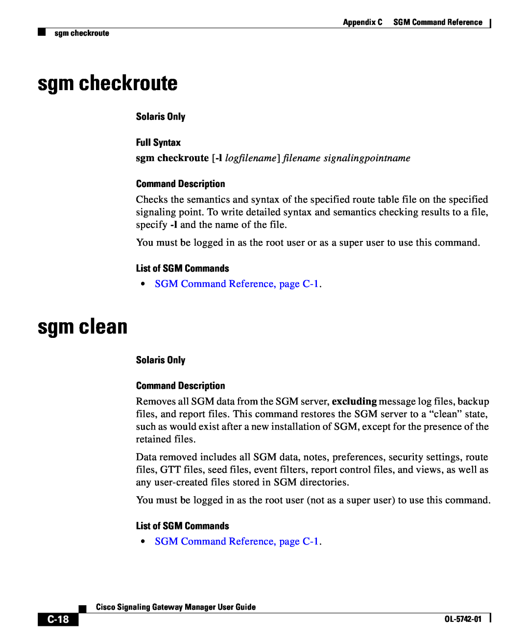 Cisco Systems OL-5742-01 appendix sgm checkroute, sgm clean, C-18, Solaris Only Full Syntax, Command Description 