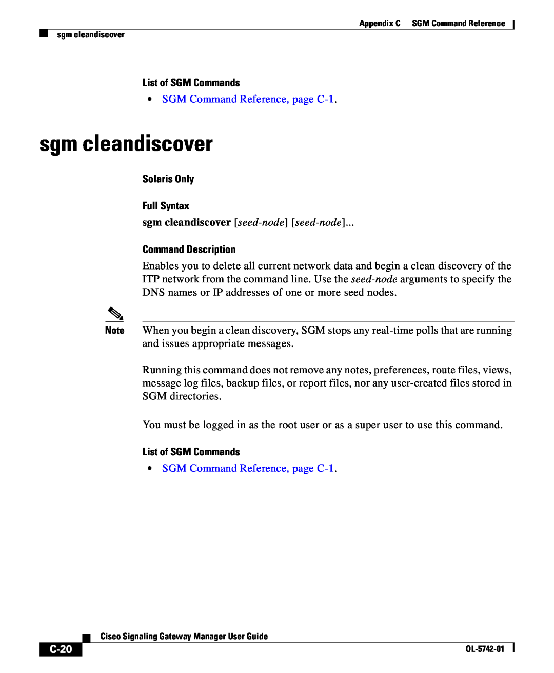 Cisco Systems OL-5742-01 appendix sgm cleandiscover, C-20, List of SGM Commands, SGM Command Reference, page C-1 
