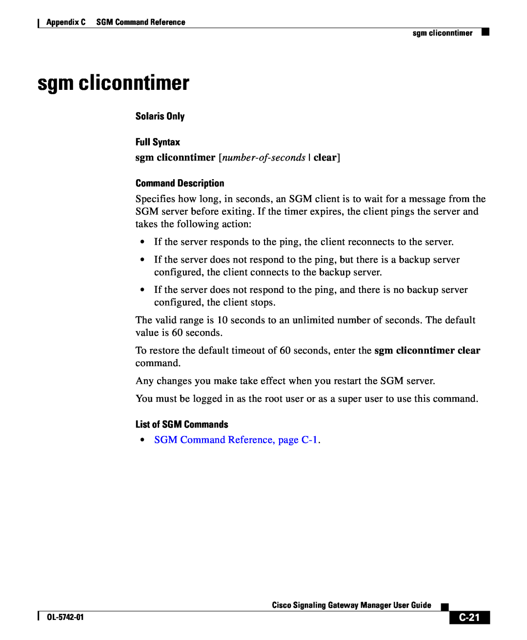 Cisco Systems OL-5742-01 sgm cliconntimer, C-21, Solaris Only Full Syntax, Command Description, List of SGM Commands 