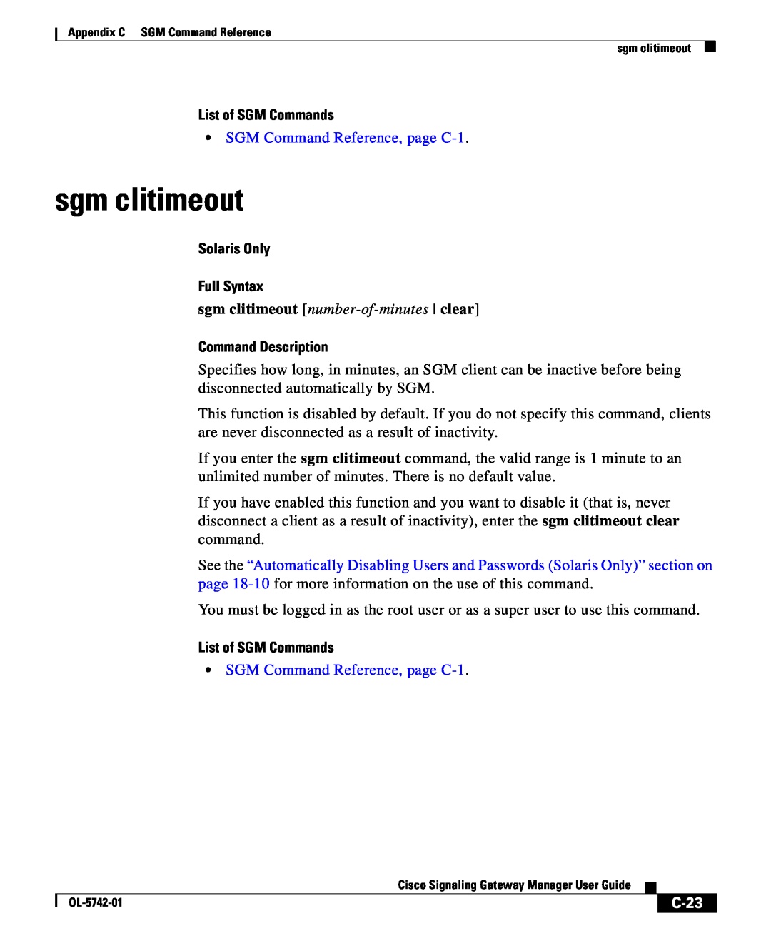 Cisco Systems OL-5742-01 sgm clitimeout, C-23, List of SGM Commands, SGM Command Reference, page C-1, Command Description 