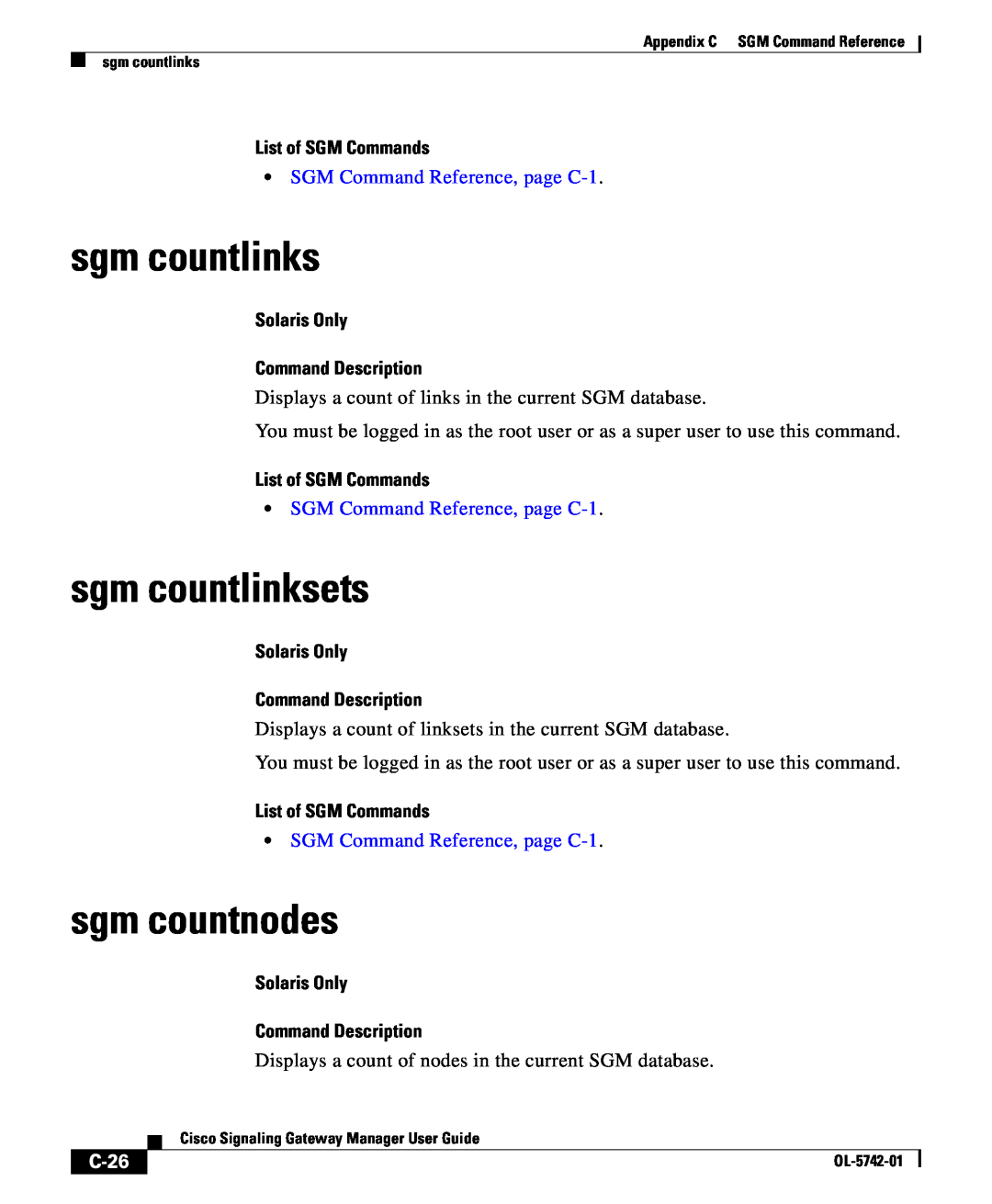 Cisco Systems OL-5742-01 appendix sgm countlinksets, sgm countnodes, C-26, List of SGM Commands 