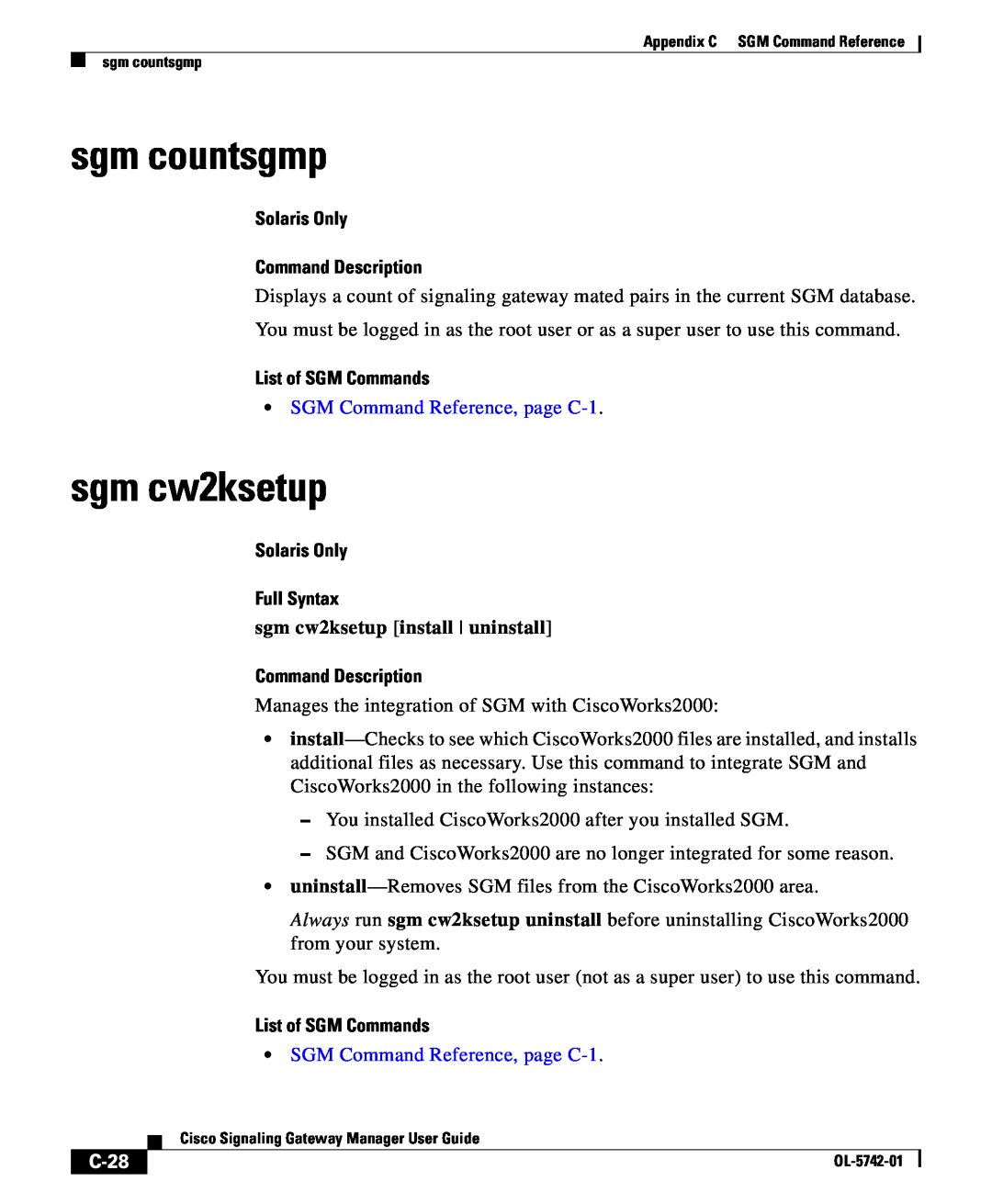 Cisco Systems OL-5742-01 sgm countsgmp, sgm cw2ksetup, C-28, Solaris Only Command Description, List of SGM Commands 