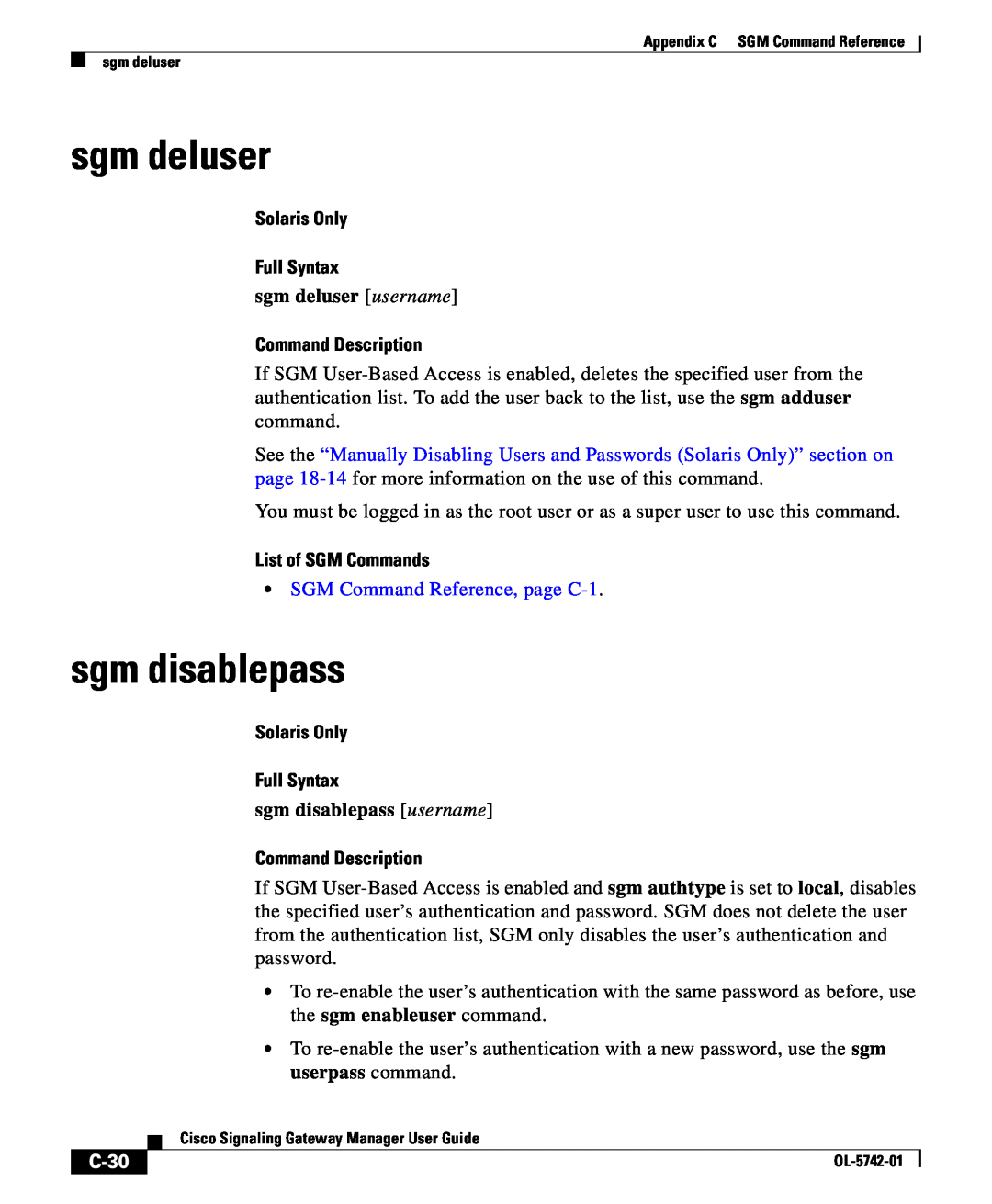 Cisco Systems OL-5742-01 appendix sgm deluser, sgm disablepass, C-30, Solaris Only Full Syntax, Command Description 