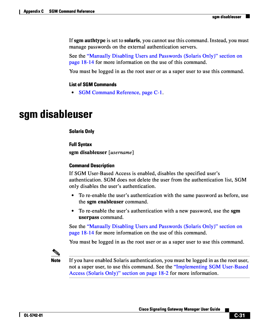 Cisco Systems OL-5742-01 sgm disableuser, C-31, List of SGM Commands, SGM Command Reference, page C-1, Command Description 