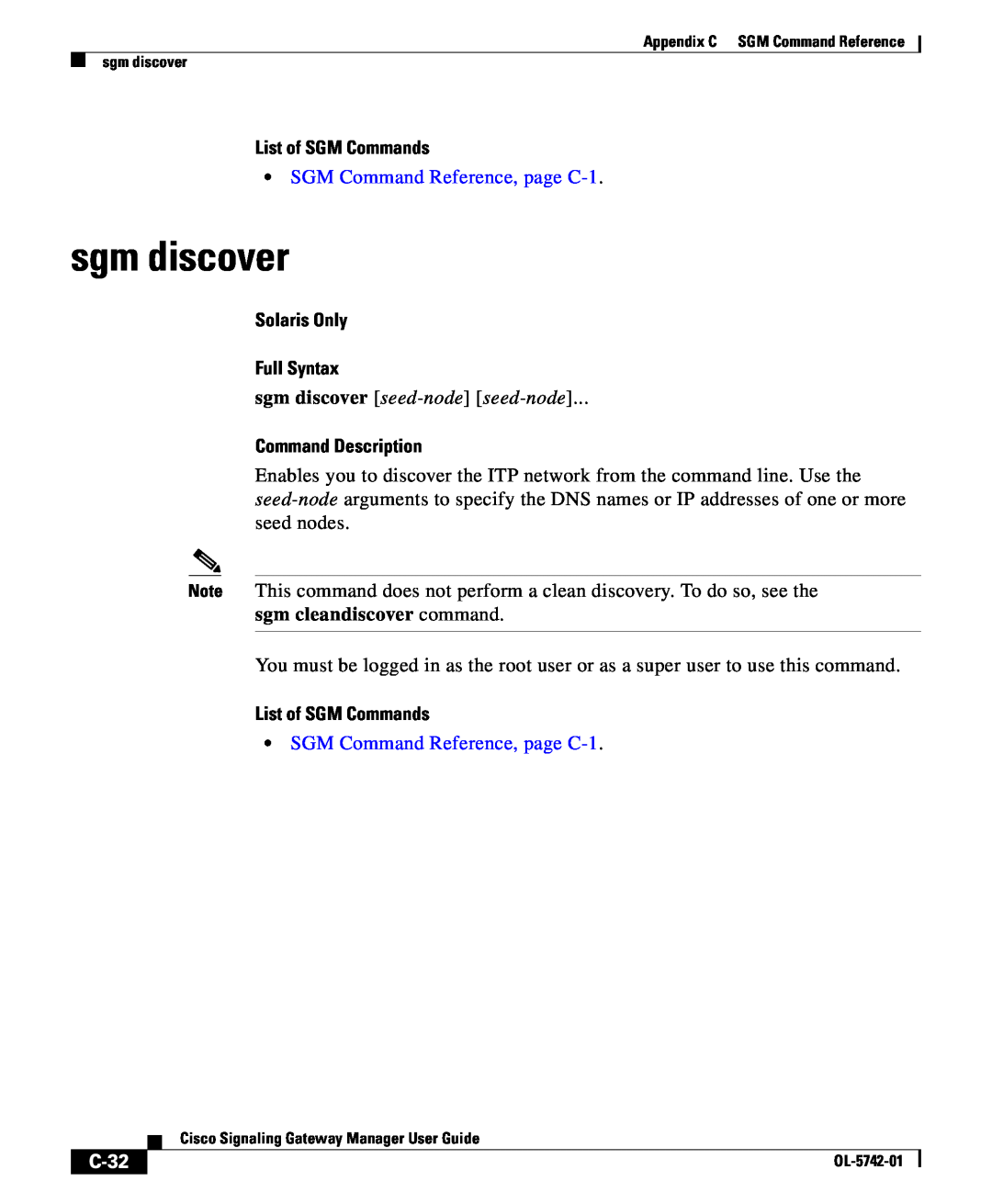 Cisco Systems OL-5742-01 sgm discover seed-node seed-node, C-32, List of SGM Commands, SGM Command Reference, page C-1 