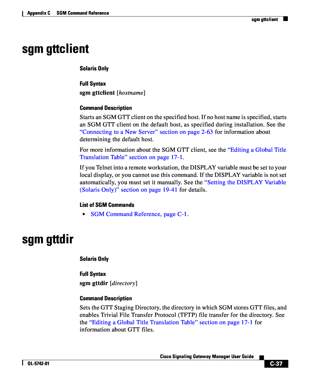 Cisco Systems OL-5742-01 appendix sgm gttclient, sgm gttdir, C-37, Solaris Only Full Syntax, Command Description 