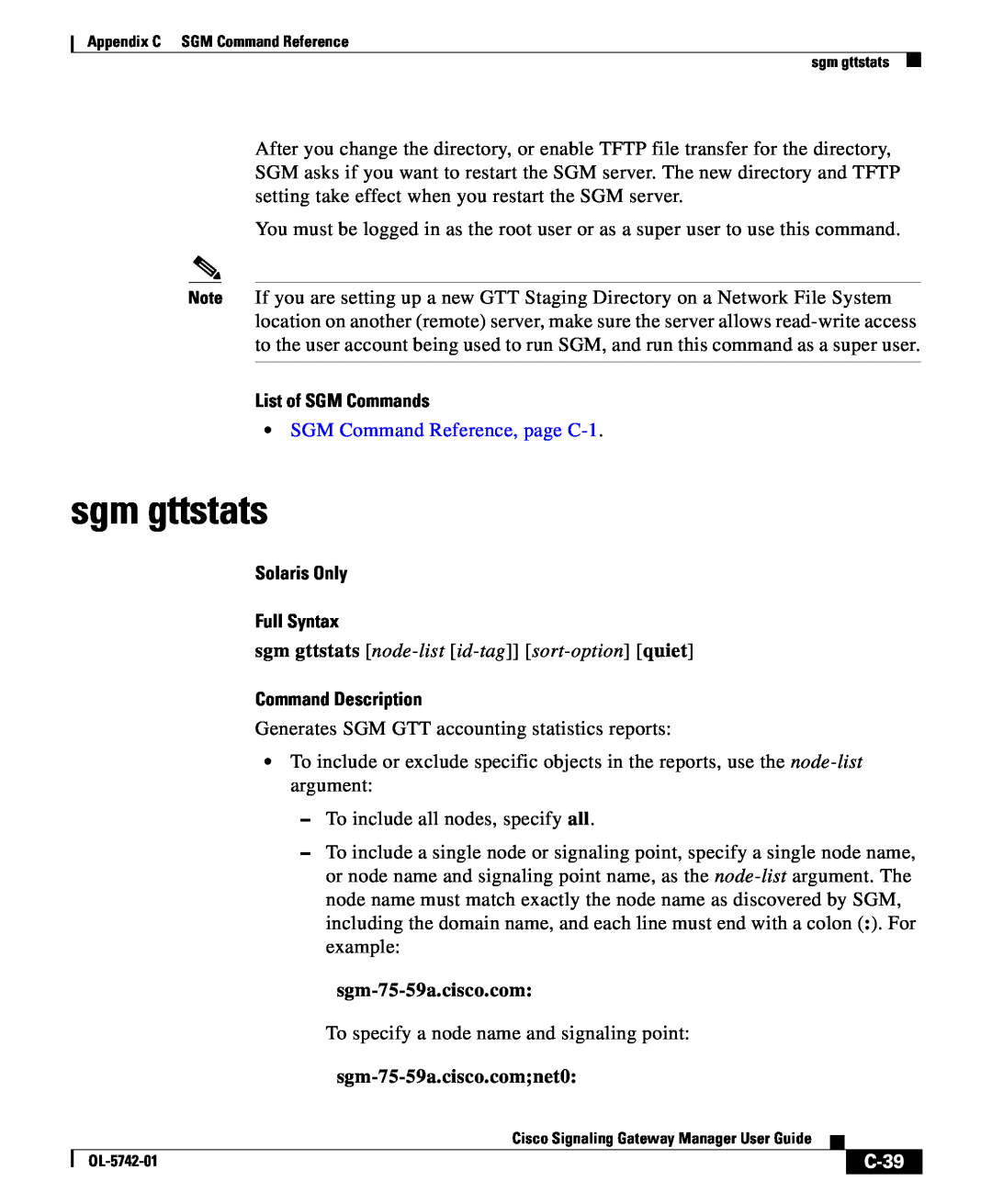 Cisco Systems OL-5742-01 appendix sgm gttstats node-list id-tag sort-optionquiet, C-39, List of SGM Commands 