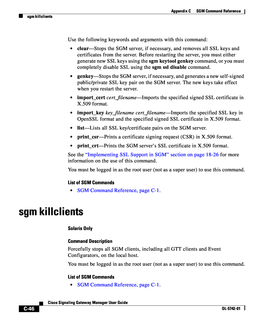 Cisco Systems OL-5742-01 appendix sgm killclients, C-46, List of SGM Commands, SGM Command Reference, page C-1 