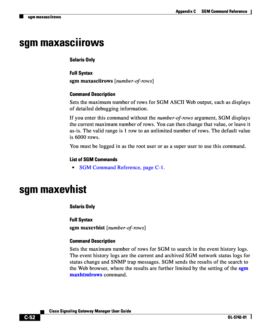 Cisco Systems OL-5742-01 appendix sgm maxasciirows, sgm maxevhist, C-52, Solaris Only Full Syntax, Command Description 
