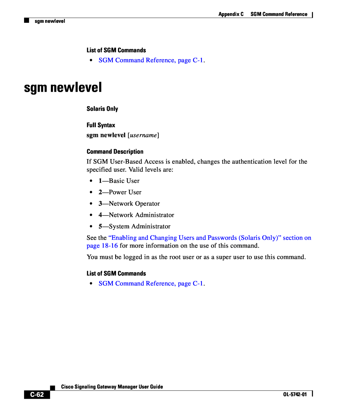 Cisco Systems OL-5742-01 sgm newlevel, C-62, List of SGM Commands, SGM Command Reference, page C-1, Command Description 