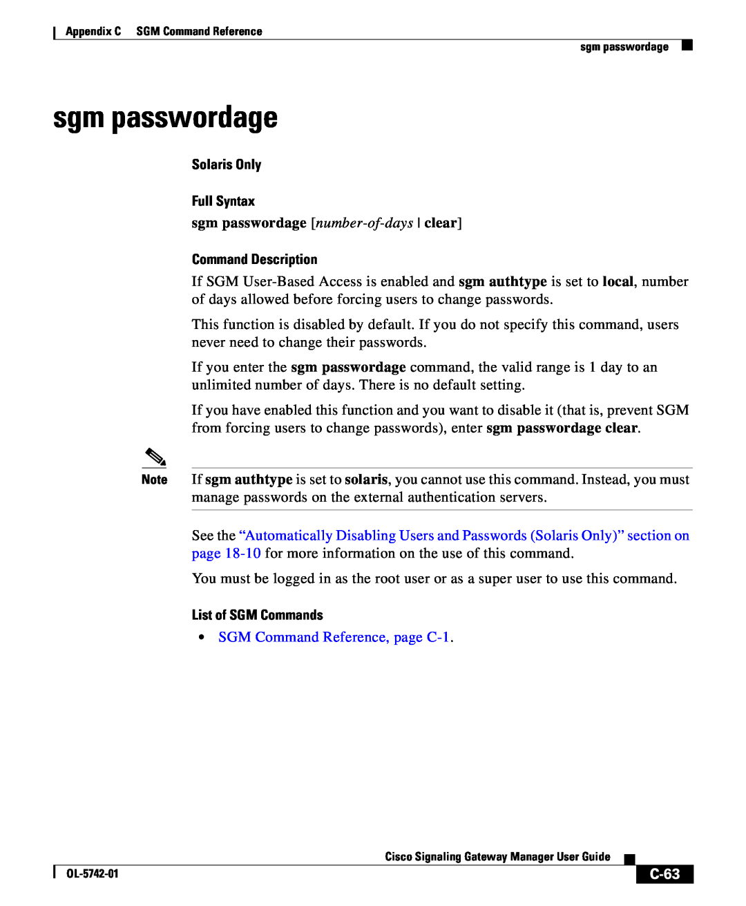 Cisco Systems OL-5742-01 sgm passwordage, C-63, Solaris Only Full Syntax, Command Description, List of SGM Commands 
