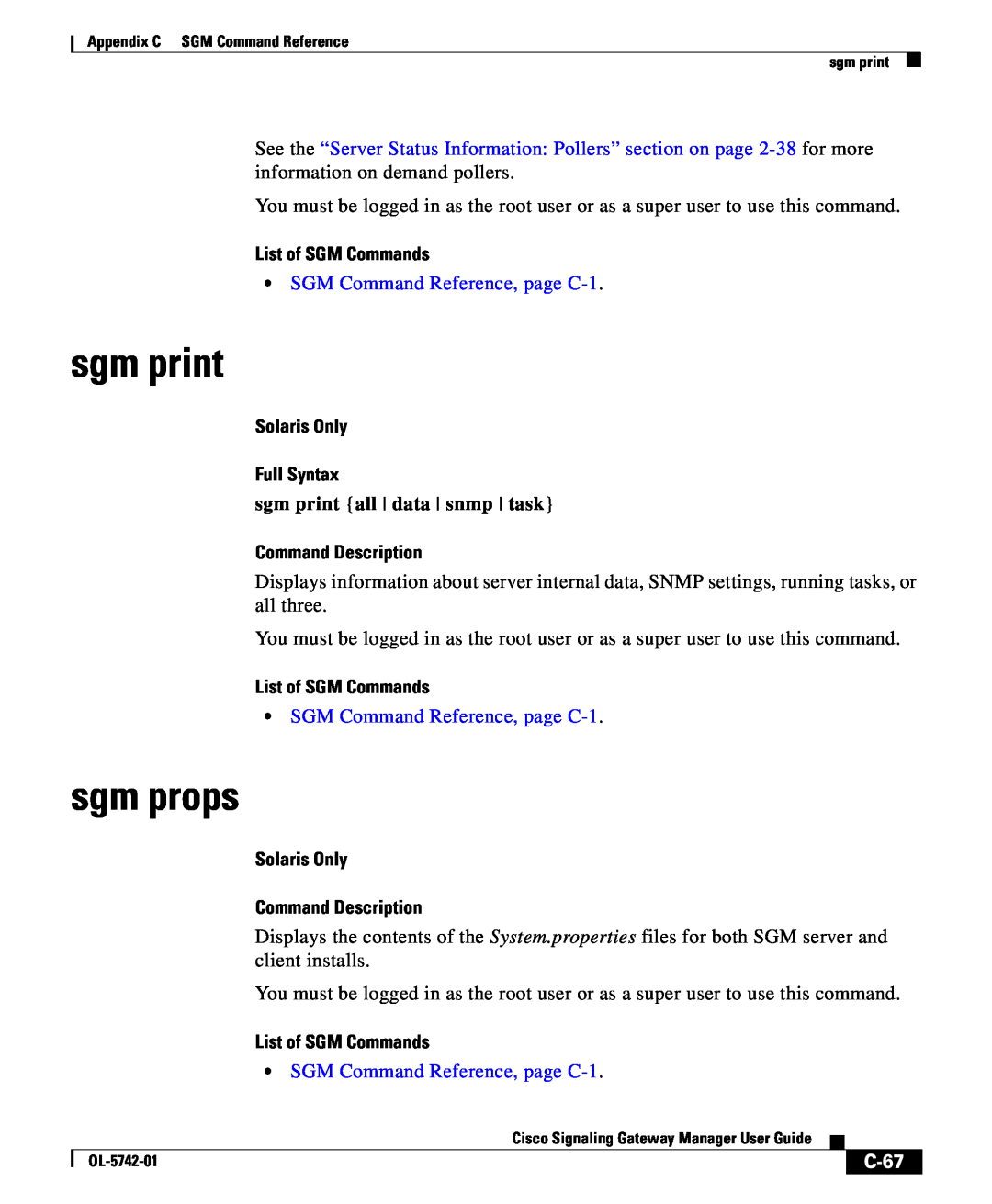 Cisco Systems OL-5742-01 appendix sgm print, sgm props, C-67, List of SGM Commands, SGM Command Reference, page C-1 