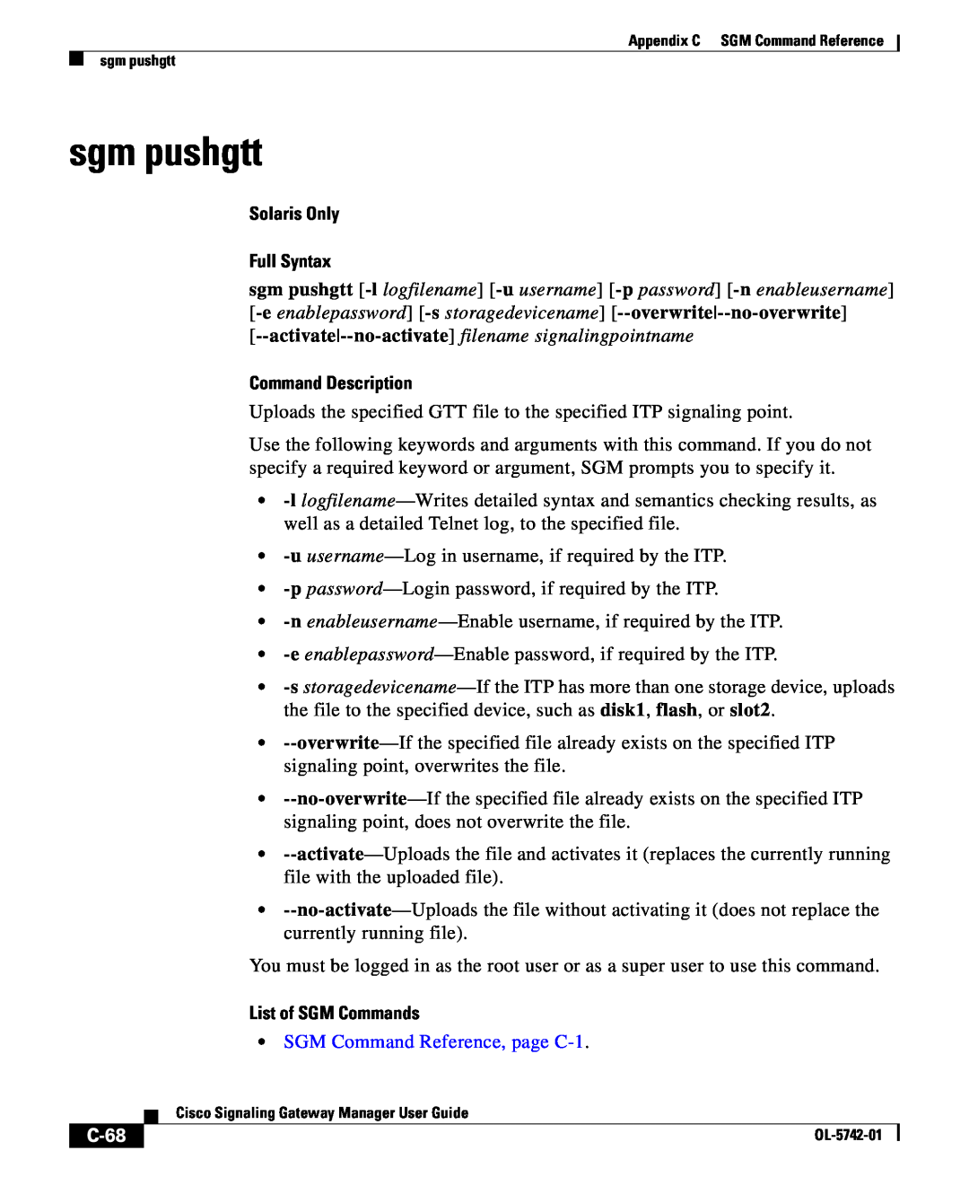 Cisco Systems OL-5742-01 appendix sgm pushgtt, C-68, Solaris Only Full Syntax, Command Description, List of SGM Commands 