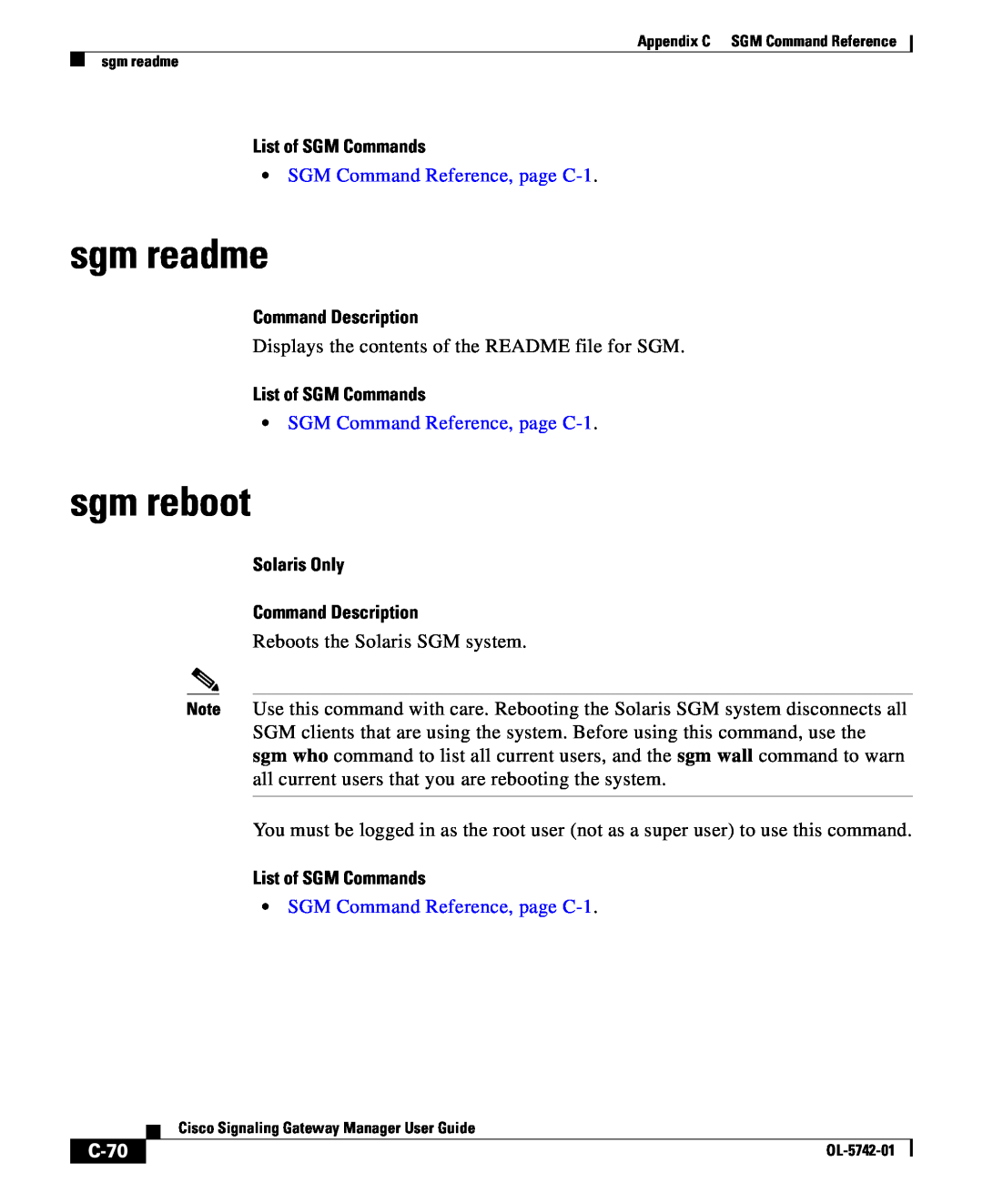 Cisco Systems OL-5742-01 appendix sgm readme, sgm reboot, C-70, List of SGM Commands, SGM Command Reference, page C-1 