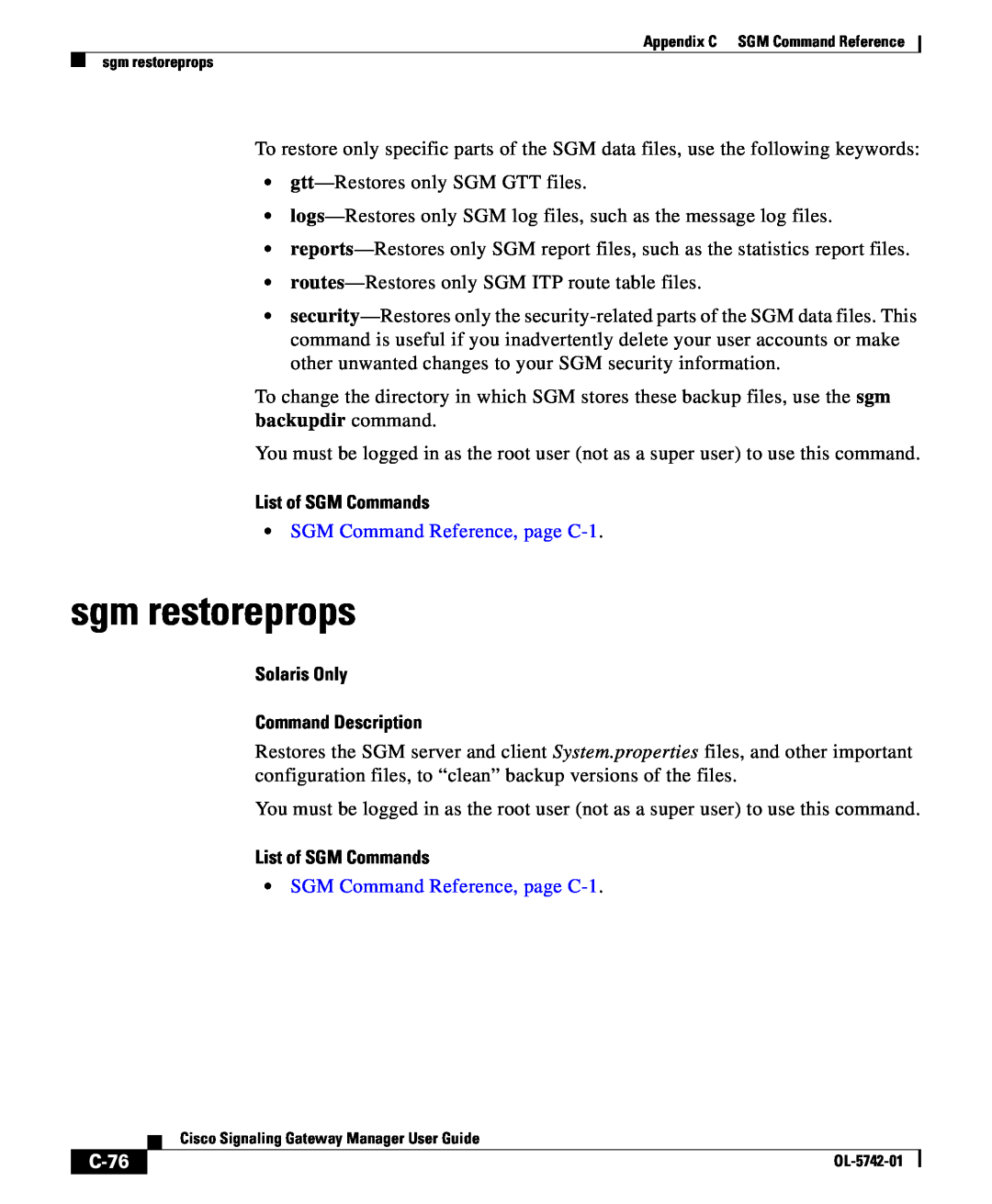 Cisco Systems OL-5742-01 appendix sgm restoreprops, C-76, List of SGM Commands, SGM Command Reference, page C-1 