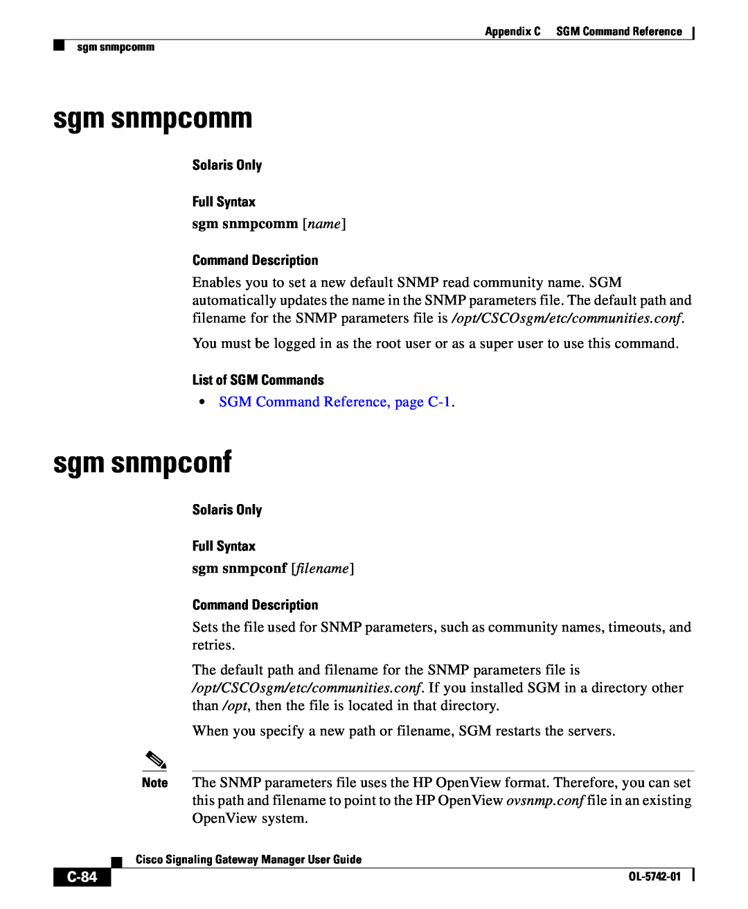 Cisco Systems OL-5742-01 appendix sgm snmpcomm, sgm snmpconf, C-84, Solaris Only Full Syntax, Command Description 