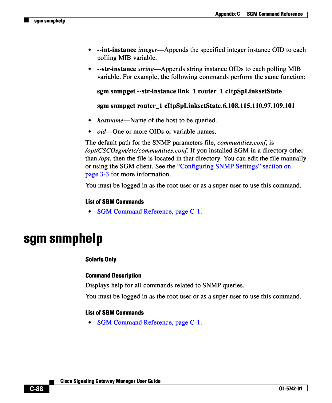 Cisco Systems OL-5742-01 appendix sgm snmphelp, C-88, List of SGM Commands, SGM Command Reference, page C-1 