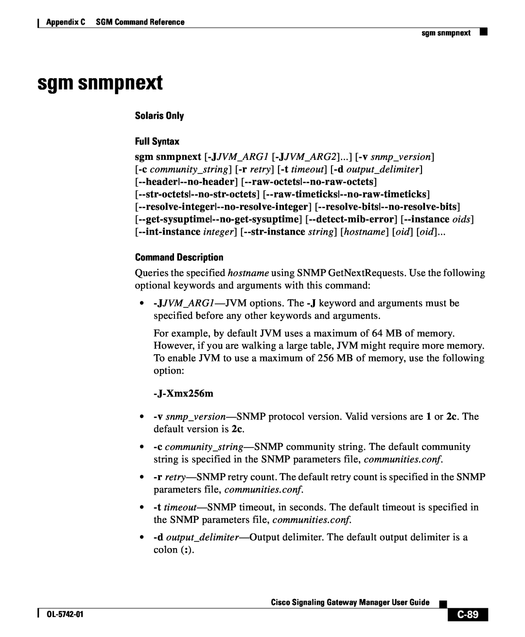 Cisco Systems OL-5742-01 appendix sgm snmpnext, C-89, Solaris Only, Full Syntax, v snmp version, Command Description 
