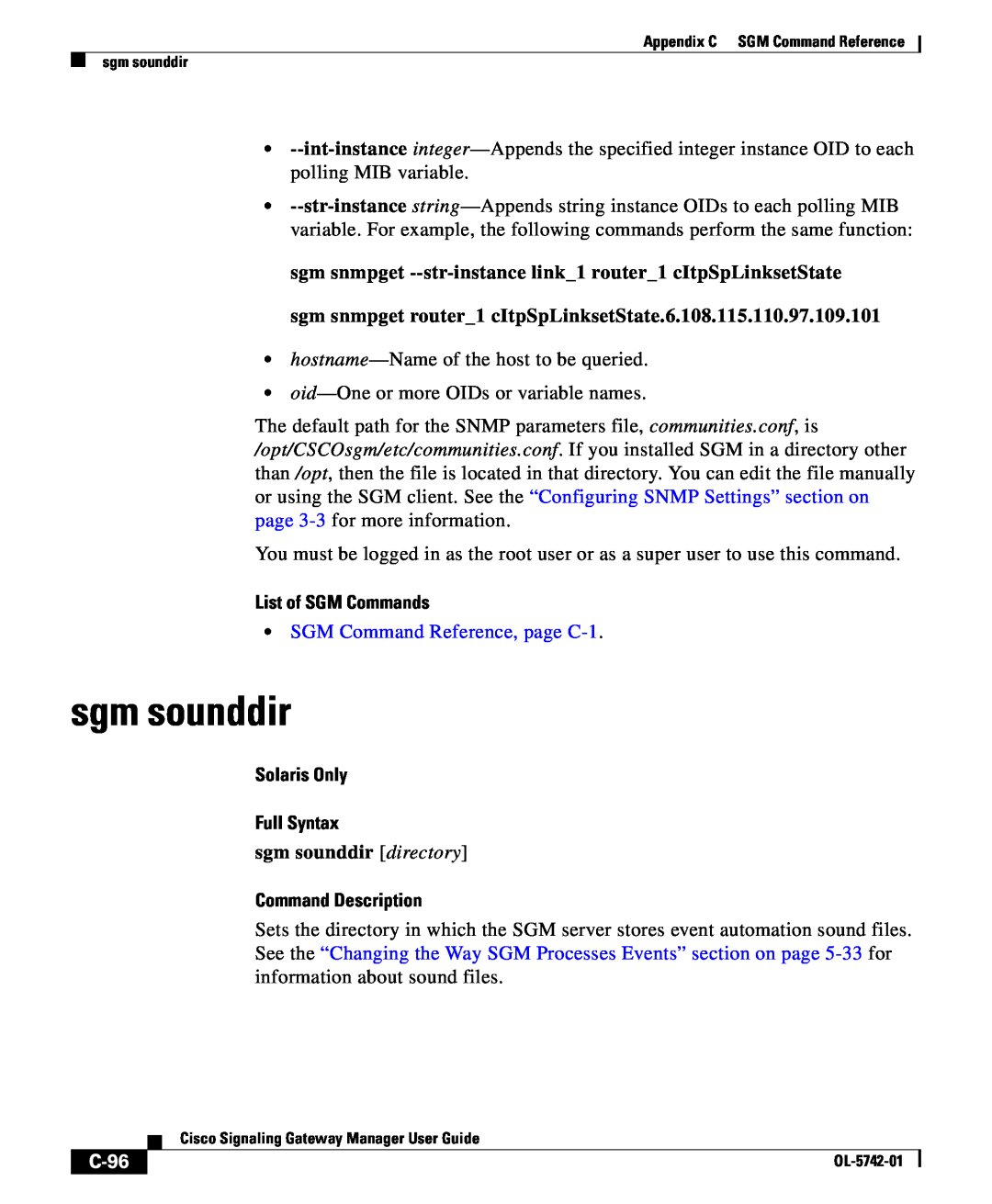 Cisco Systems OL-5742-01 sgm sounddir, C-96, List of SGM Commands, SGM Command Reference, page C-1, Command Description 