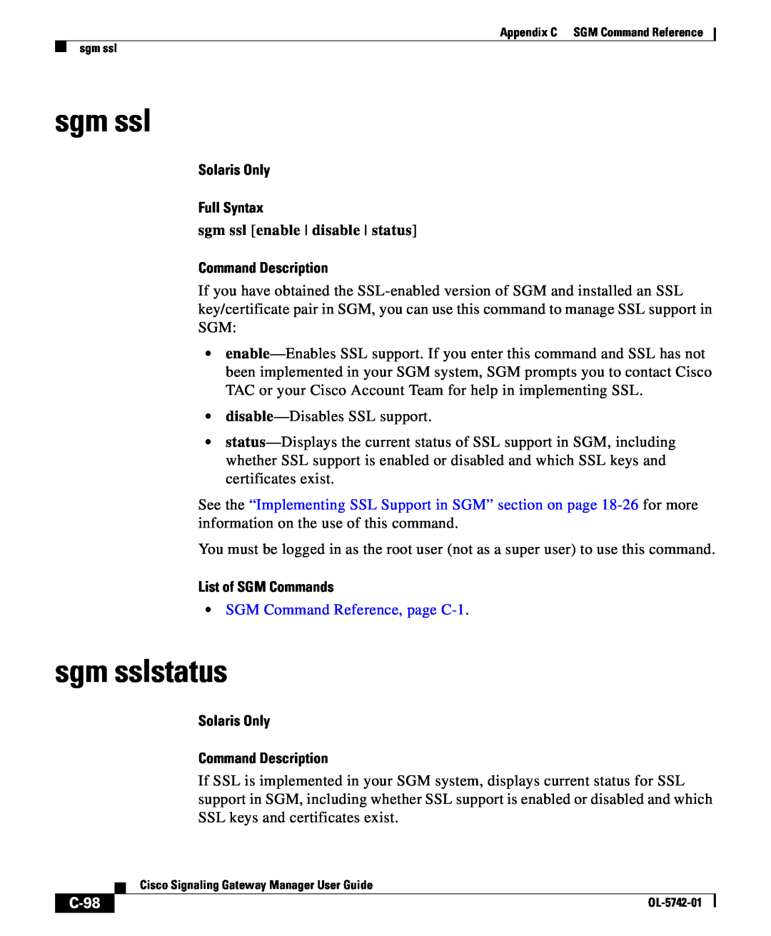 Cisco Systems OL-5742-01 sgm sslstatus, C-98, Solaris Only Full Syntax, Command Description, List of SGM Commands 