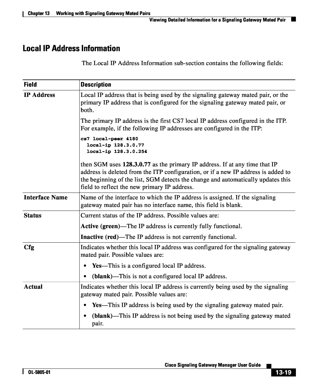 Cisco Systems OL-5805-01 manual Local IP Address Information, 13-19, Field, Description 