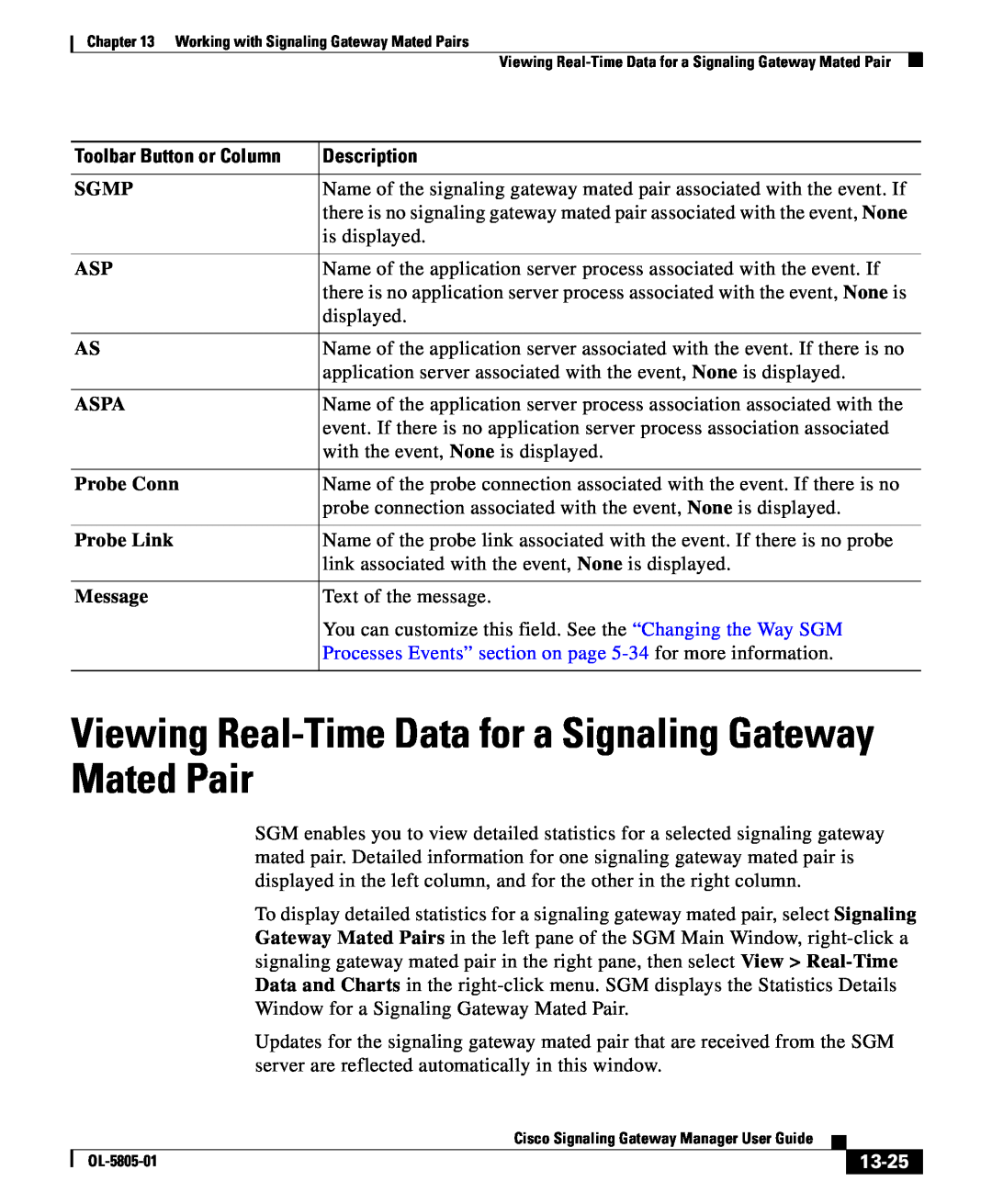 Cisco Systems OL-5805-01 manual Viewing Real-Time Data for a Signaling Gateway Mated Pair, 13-25, Toolbar Button or Column 