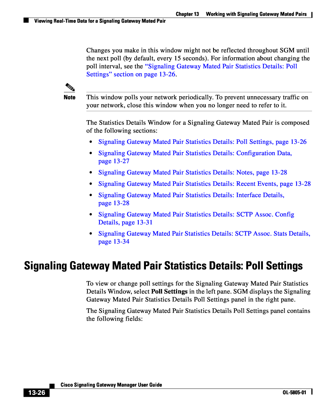 Cisco Systems OL-5805-01 manual Signaling Gateway Mated Pair Statistics Details Poll Settings, 13-26 