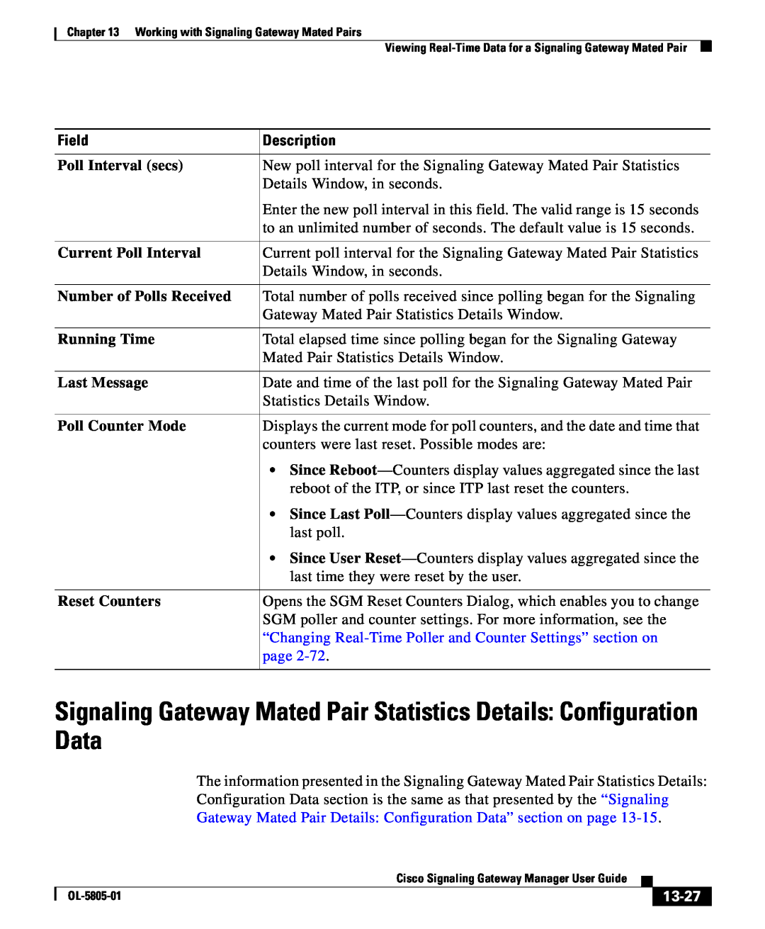Cisco Systems OL-5805-01 manual Signaling Gateway Mated Pair Statistics Details Configuration Data, page, 13-27, Field 