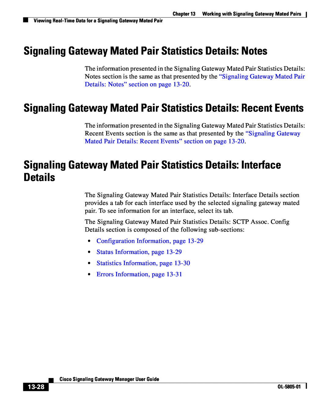 Cisco Systems OL-5805-01 manual Signaling Gateway Mated Pair Statistics Details Notes, 13-28 