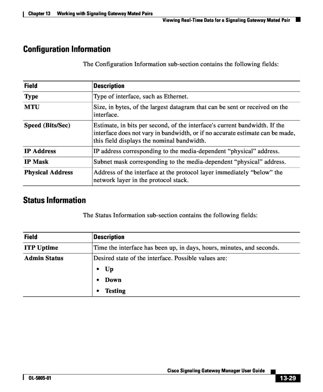Cisco Systems OL-5805-01 manual Configuration Information, 13-29, Status Information, Field, Description 