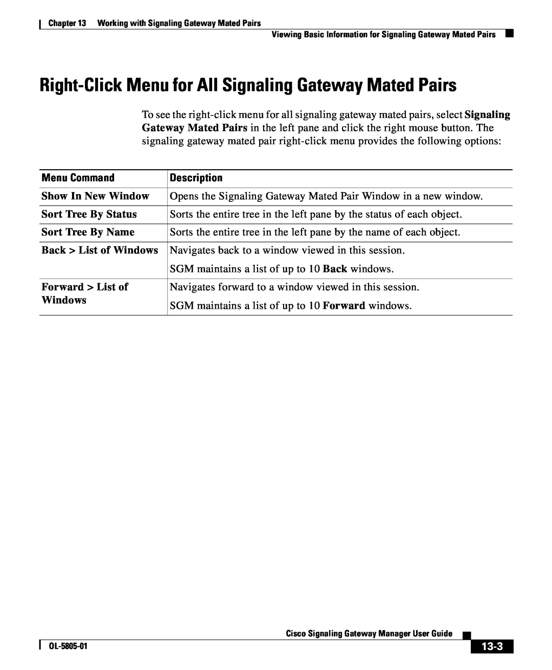 Cisco Systems OL-5805-01 manual Right-Click Menu for All Signaling Gateway Mated Pairs, Menu Command, Description, 13-3 