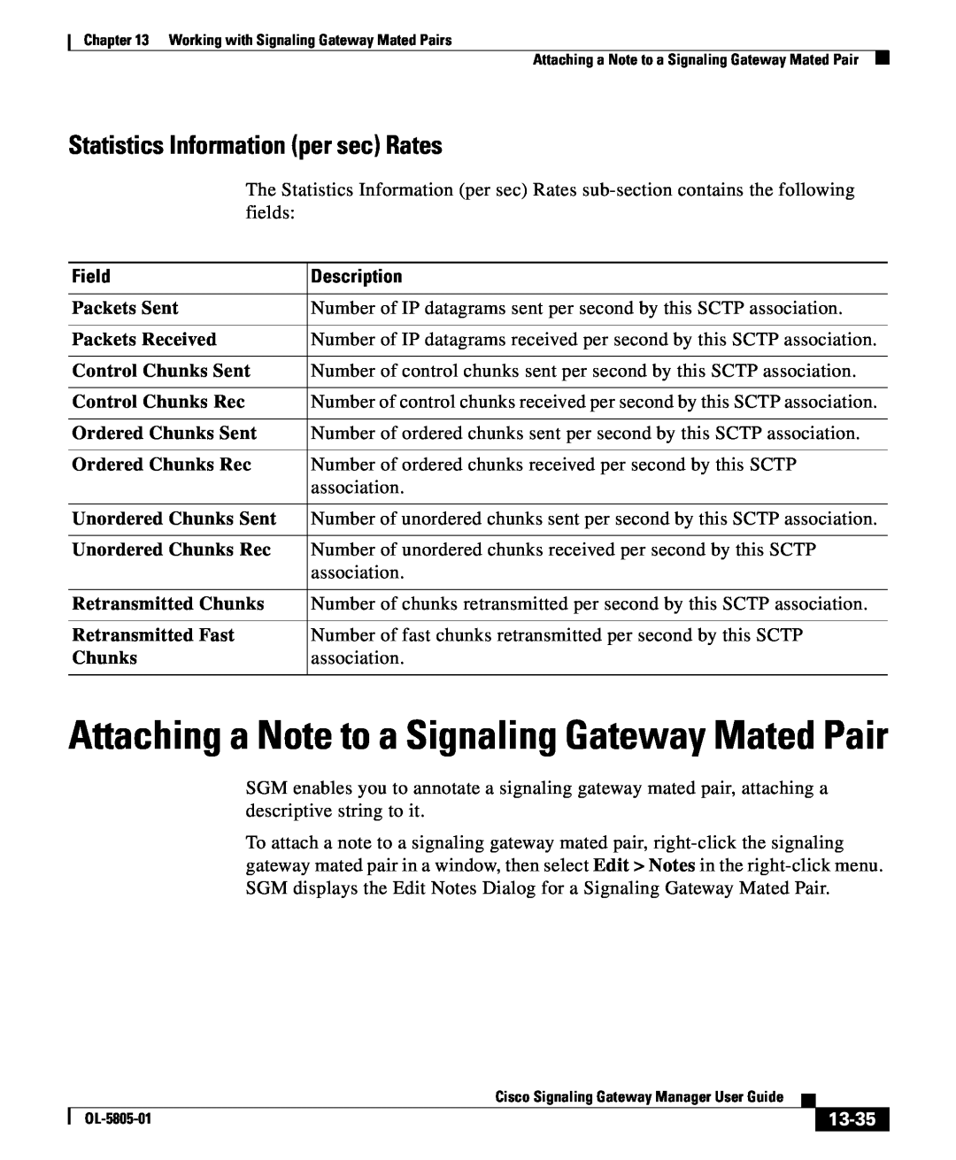 Cisco Systems OL-5805-01 Statistics Information per sec Rates, 13-35, Attaching a Note to a Signaling Gateway Mated Pair 