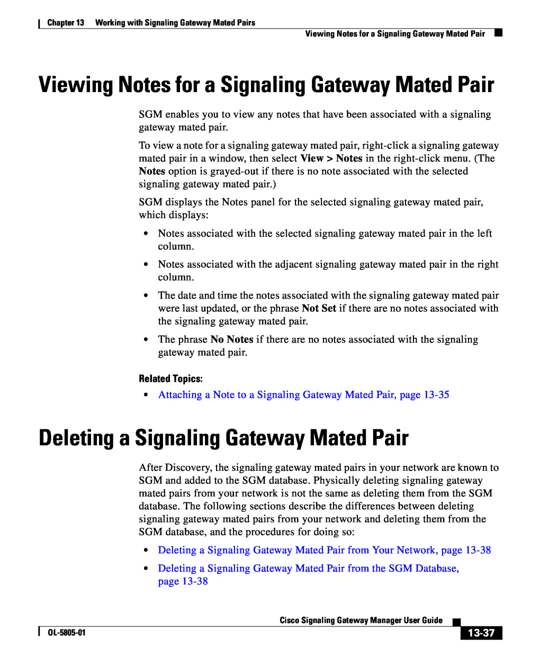 Cisco Systems OL-5805-01 Deleting a Signaling Gateway Mated Pair, Viewing Notes for a Signaling Gateway Mated Pair, 13-37 