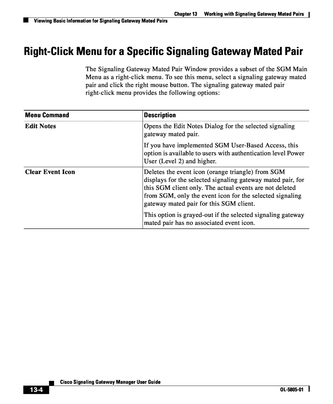 Cisco Systems OL-5805-01 Right-Click Menu for a Specific Signaling Gateway Mated Pair, 13-4, Menu Command, Description 