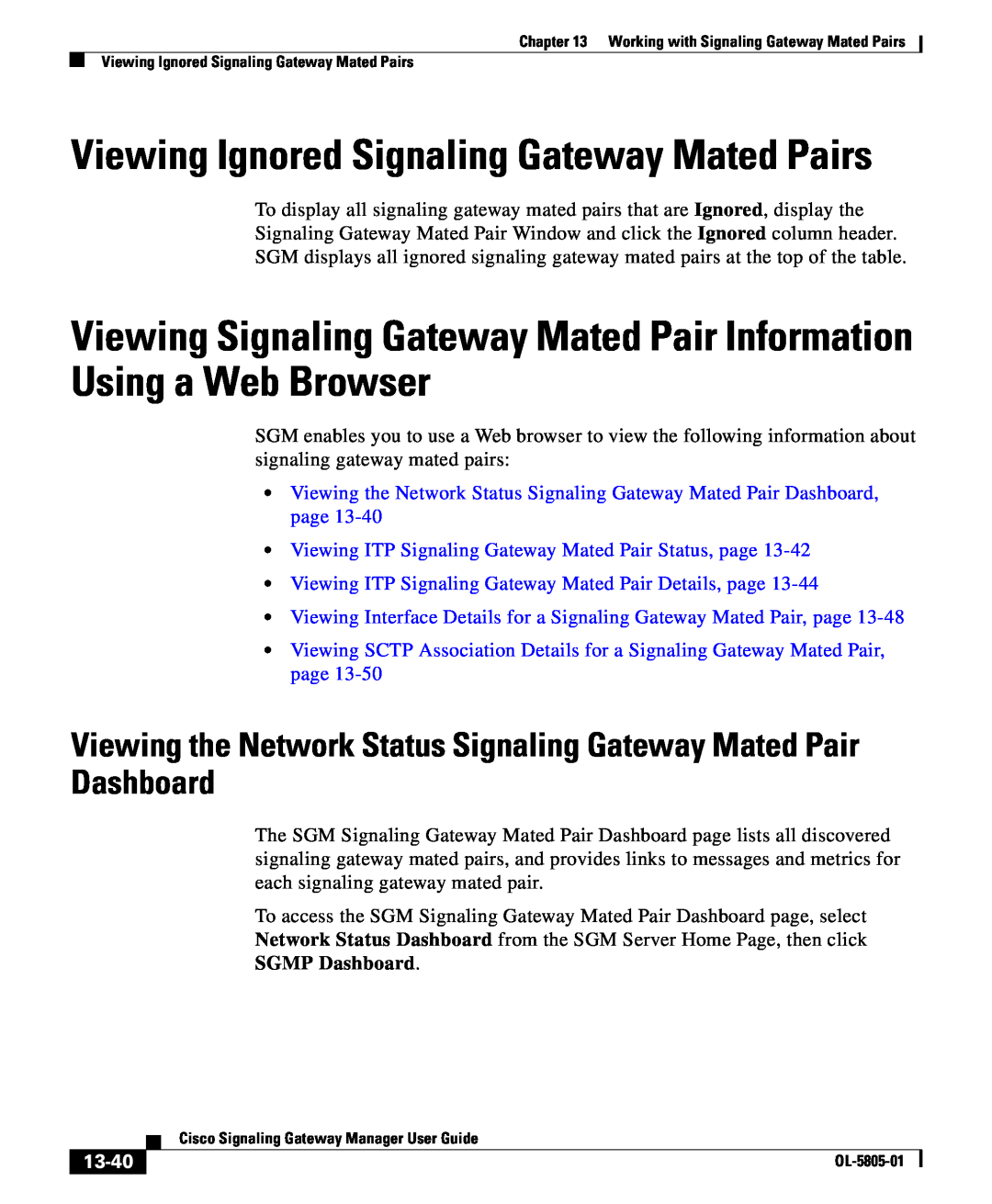 Cisco Systems OL-5805-01 manual Viewing Signaling Gateway Mated Pair Information Using a Web Browser, 13-40 