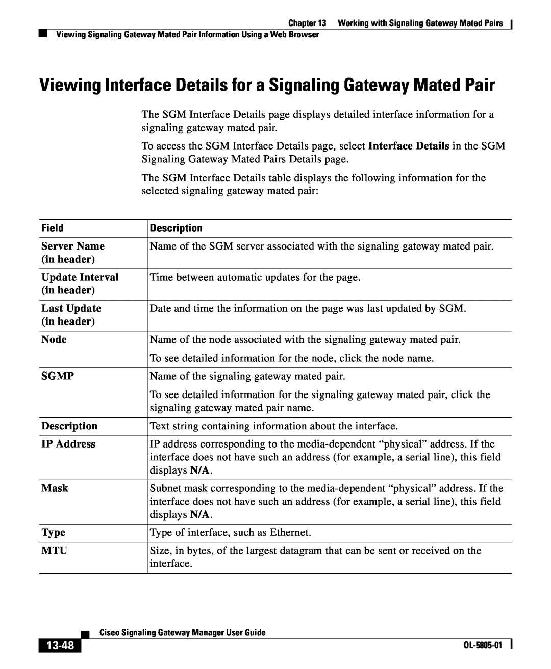 Cisco Systems OL-5805-01 manual Viewing Interface Details for a Signaling Gateway Mated Pair, 13-48, Field, Description 