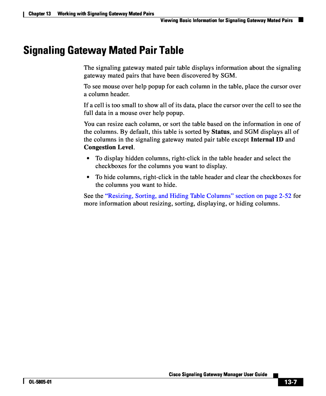 Cisco Systems OL-5805-01 manual Signaling Gateway Mated Pair Table, 13-7 