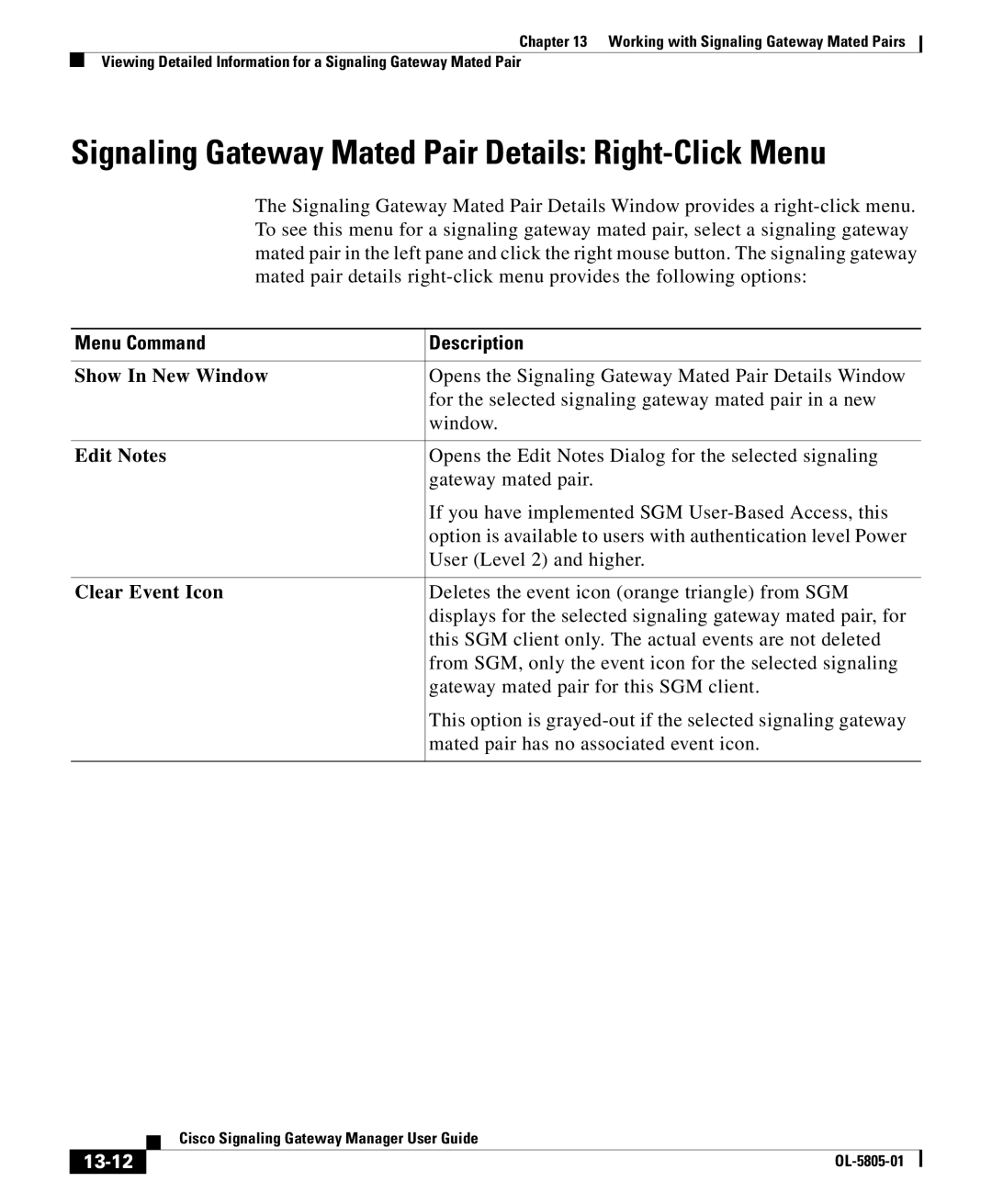 Cisco Systems OL-5805-01 manual Signaling Gateway Mated Pair Details Right-Click Menu, 13-12 