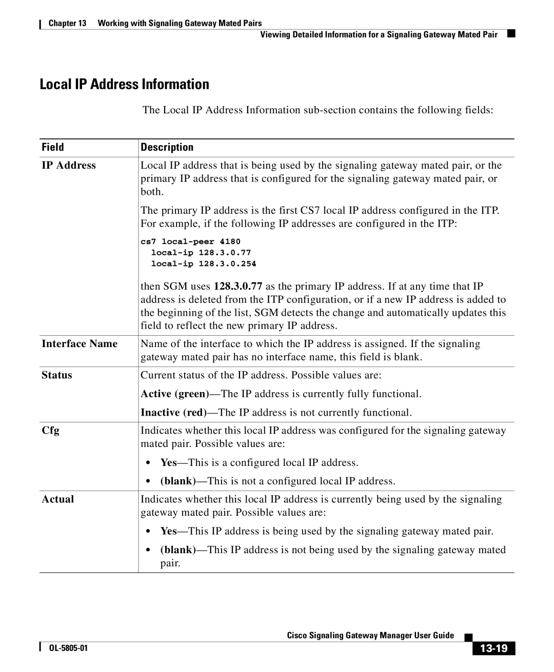 Cisco Systems OL-5805-01 manual Local IP Address Information, Interface Name, 13-19 