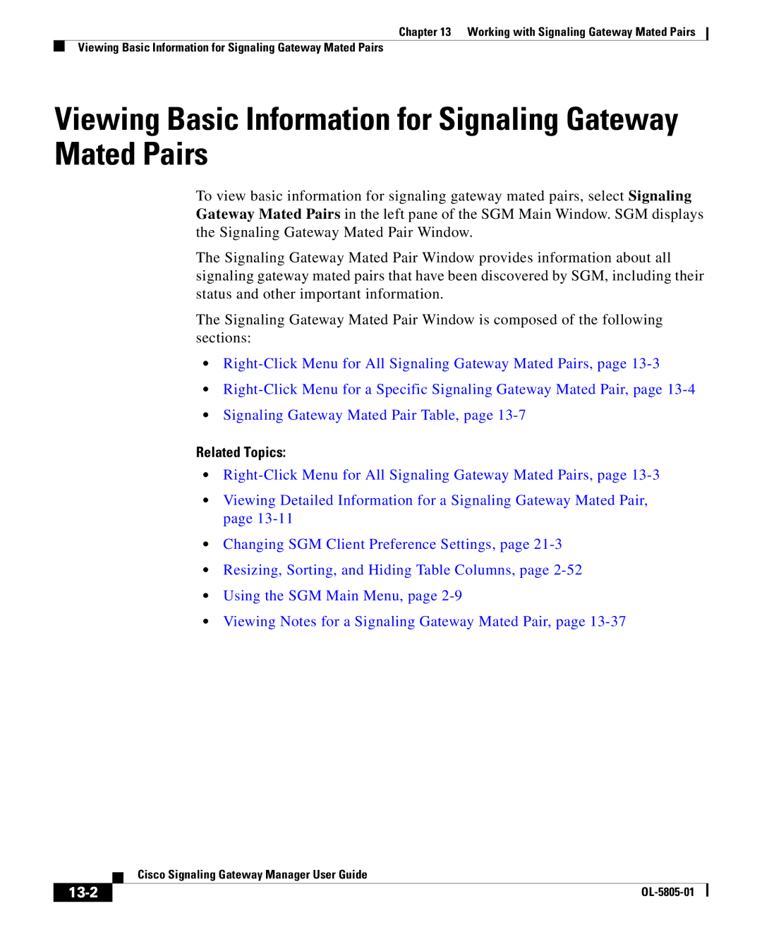 Cisco Systems OL-5805-01 manual Viewing Basic Information for Signaling Gateway Mated Pairs, 13-2 