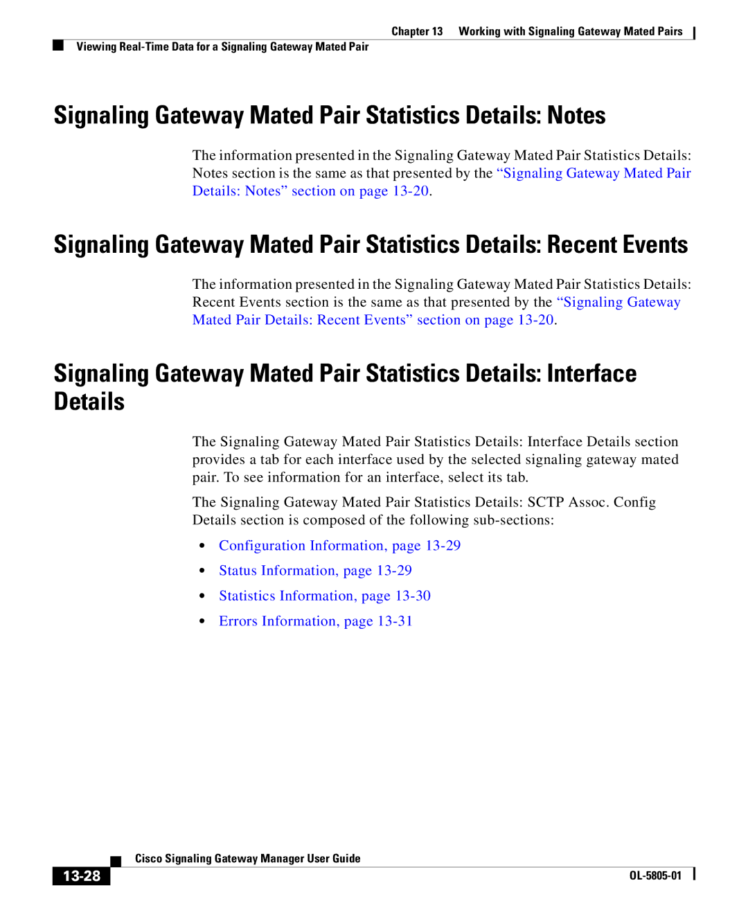 Cisco Systems OL-5805-01 manual Signaling Gateway Mated Pair Statistics Details Notes, 13-28 