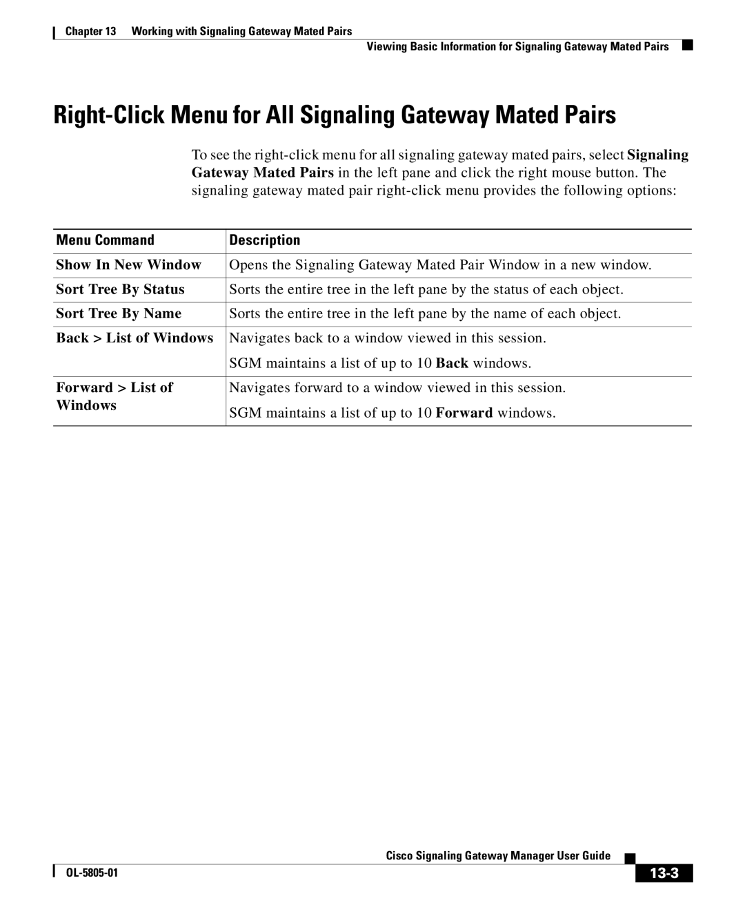 Cisco Systems OL-5805-01 manual Right-Click Menu for All Signaling Gateway Mated Pairs, 13-3 