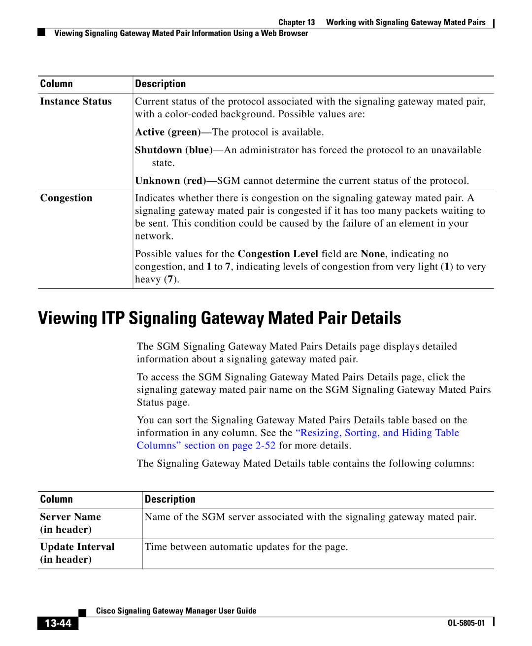 Cisco Systems OL-5805-01 manual Viewing ITP Signaling Gateway Mated Pair Details, Congestion, 13-44 