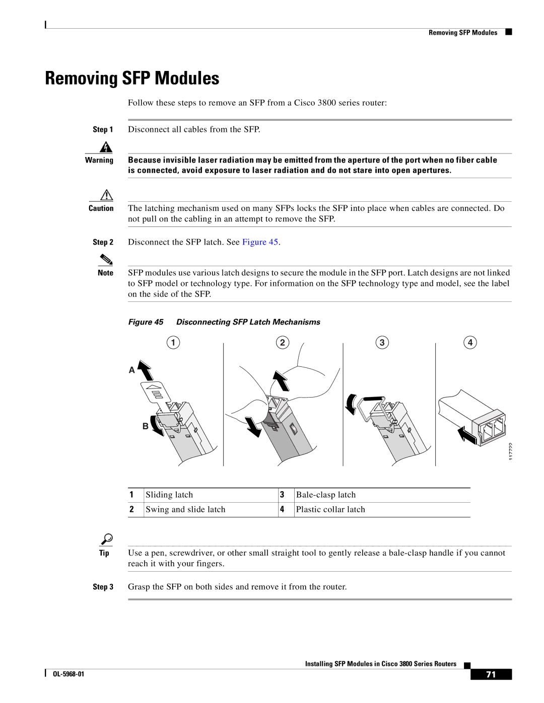 Cisco Systems OL-5965-01 warranty Removing SFP Modules, Disconnecting SFP Latch Mechanisms 