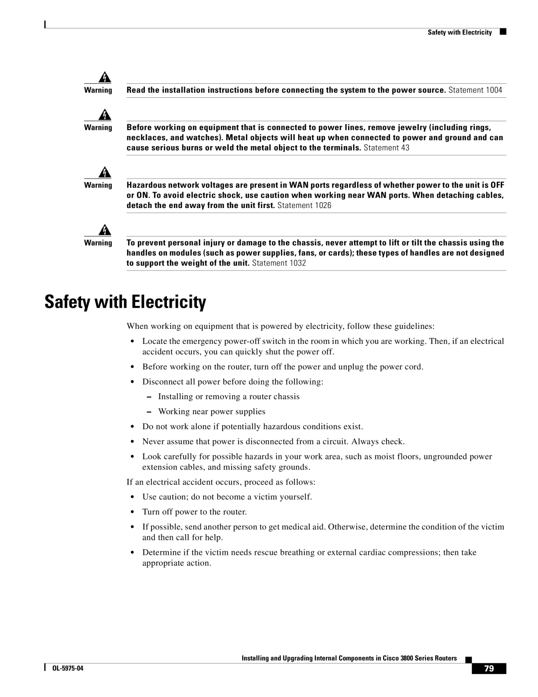 Cisco Systems OL-5965-01 warranty Safety with Electricity 